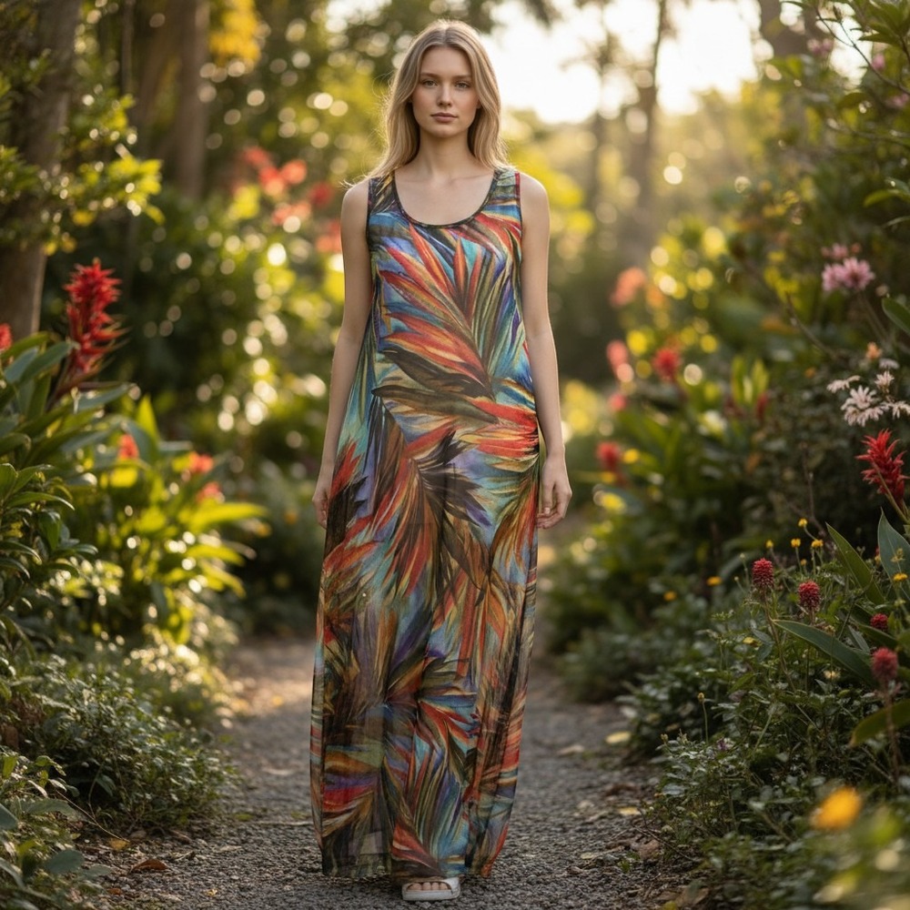 Longitude Swim Cover Up Women Medium Multicolor Palm Tropical Mesh Maxi Dress